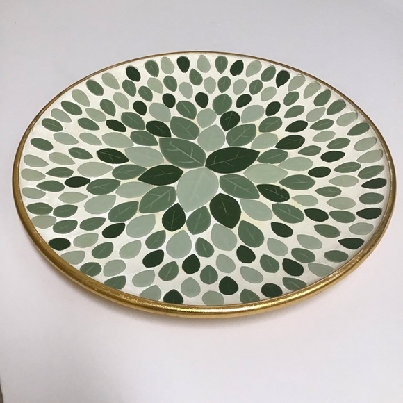 Mid Century Modern Mosaic Tile Round Plate 12” Console Green Leaves Art Vintage - Picture 16 of 16